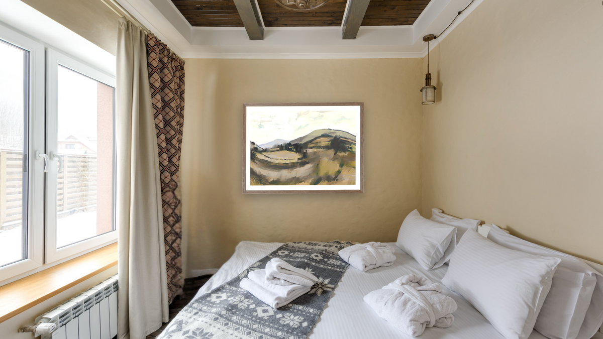 Dart by Dan Hobday, shown at 30 × 42 in (76.2 × 106.7 cm) in Arber Light Walnut, hotel guest room