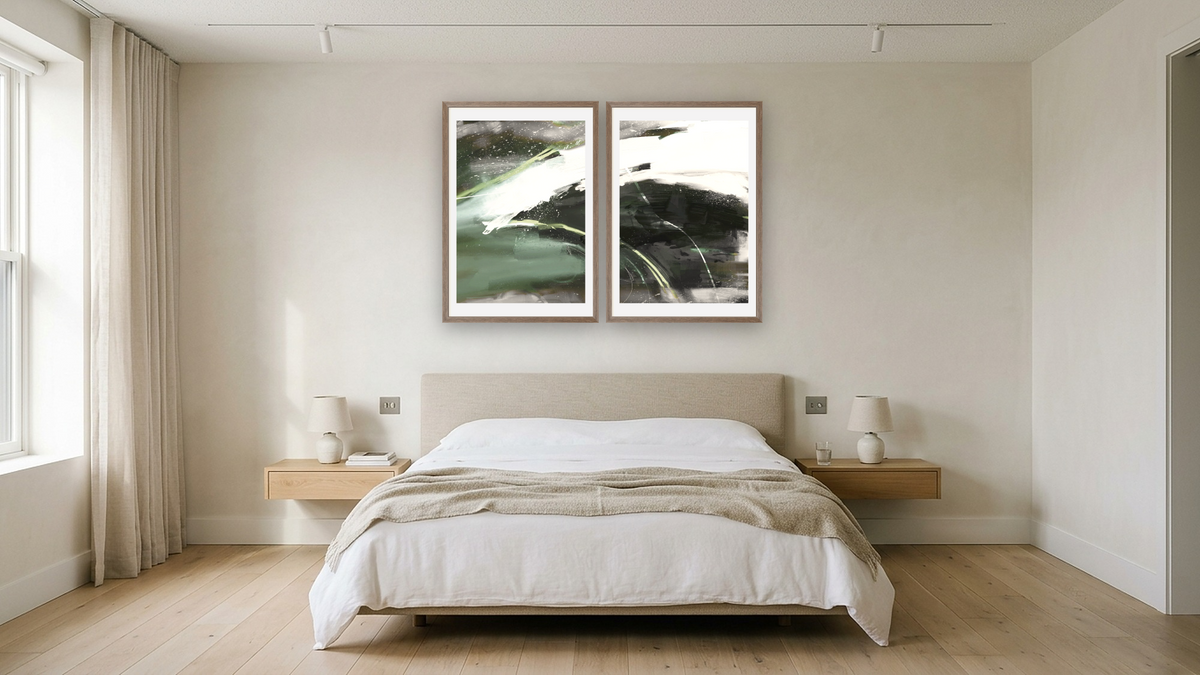 Diptych — Cast 1 × Cast2, shown at 28 × 42 in (71.1 × 106.7 cm) in Arber Light Walnut, hotel guest room