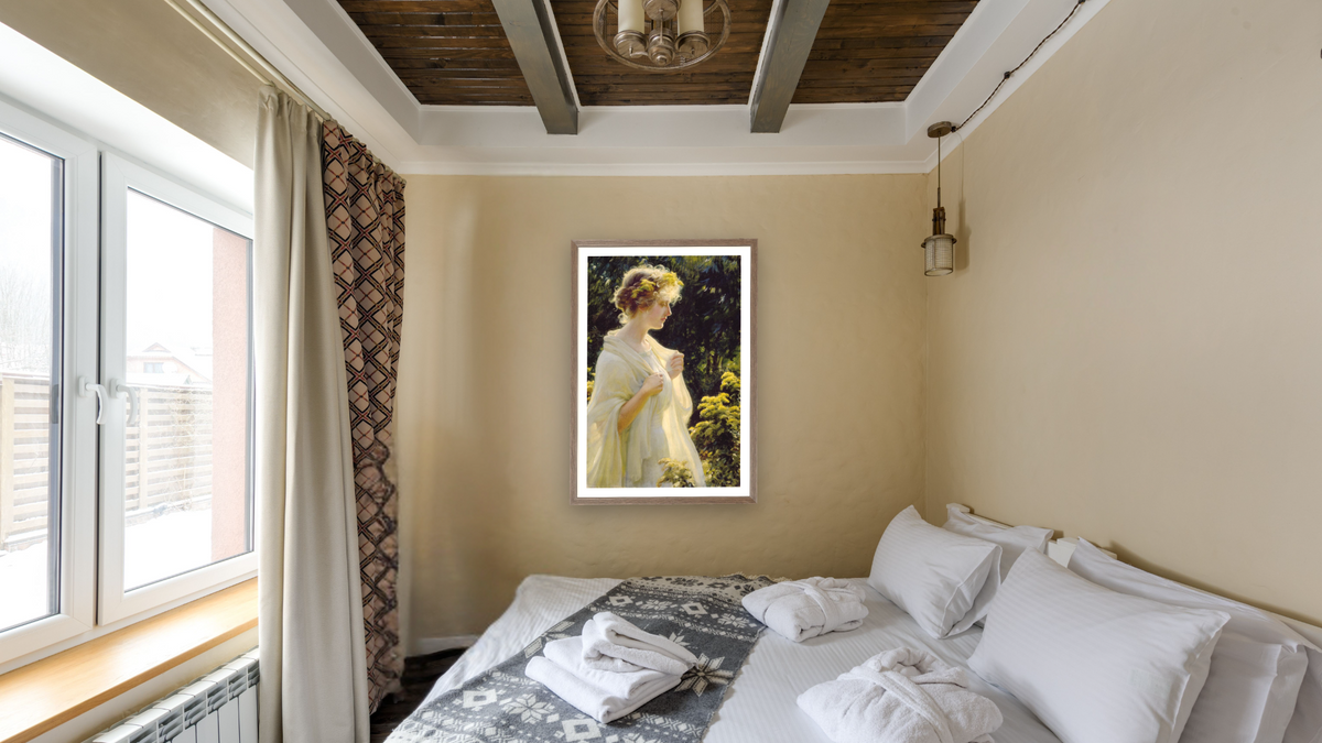 The Golden Profile by Charles Courtney Curran, shown at 28 × 42 in (71.1 × 106.7 cm) in Arber Light Walnut, hotel guest room