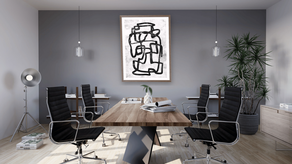Mono Strokes 1 by Dan Hobday, shown at 30 × 42 in (76.2 × 106.7 cm) in Arber Light Walnut, boardroom