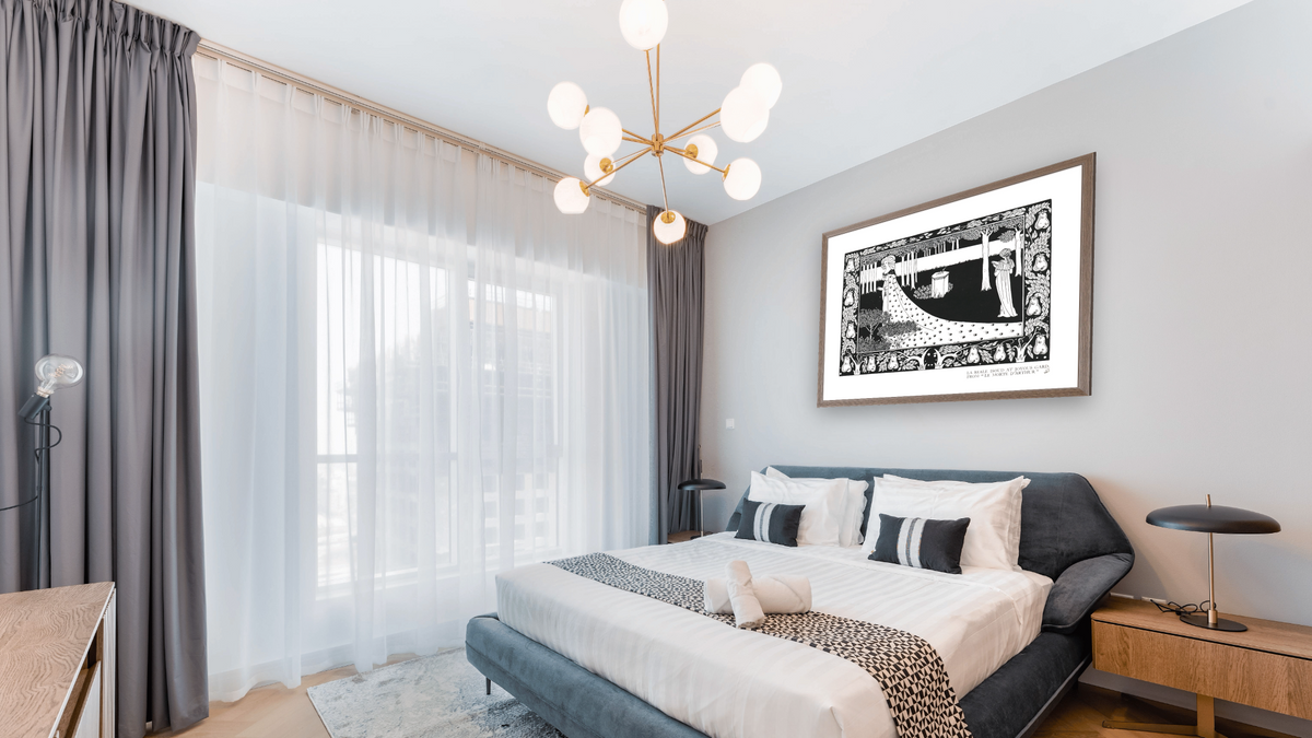 La Beale Isoud at Joyous Gard by Aubrey Vincent Beardsley, shown at 30 × 40 in (76.2 × 101.6 cm) in Arber Light Walnut, hotel guest room