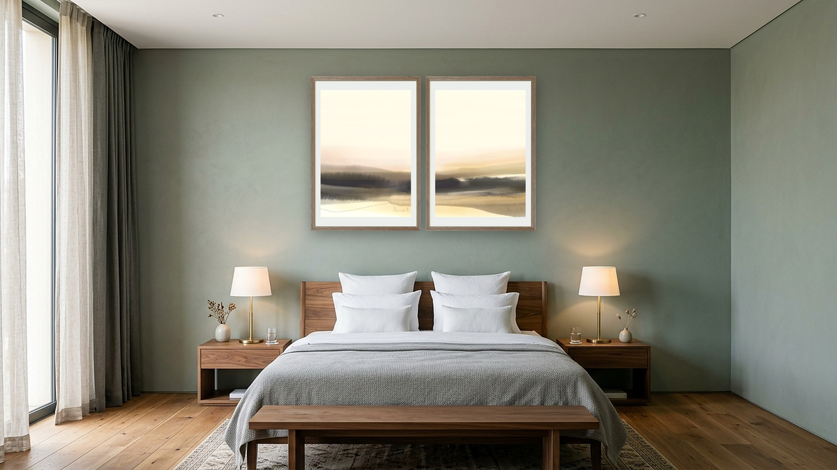 Diptych — Forest View 1 × Forest View 2, shown at 28 × 42 in (71.1 × 106.7 cm) in Arber Light Walnut, hotel guest room