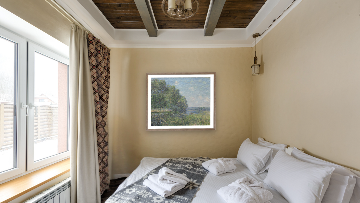 River View by Alfred Sisley, shown at 32 × 40 in (81.3 × 101.6 cm) in Arber Light Walnut, hotel guest room