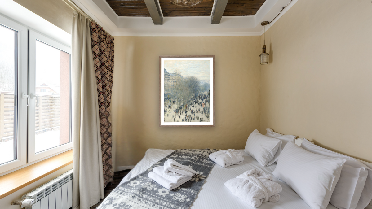 Boulevard des Capucines by Claude Monet, shown at 30 × 40 in (76.2 × 101.6 cm) in Arber Light Walnut, hotel guest room